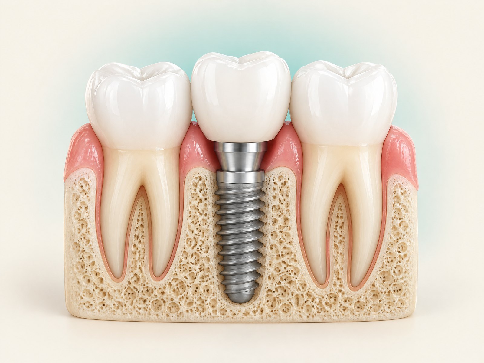 Impianto e corona. Una radice in titanio si integra nell'osso e sostiene una corona in ceramica, al posto del dente perso, senza toccare i denti vicini.